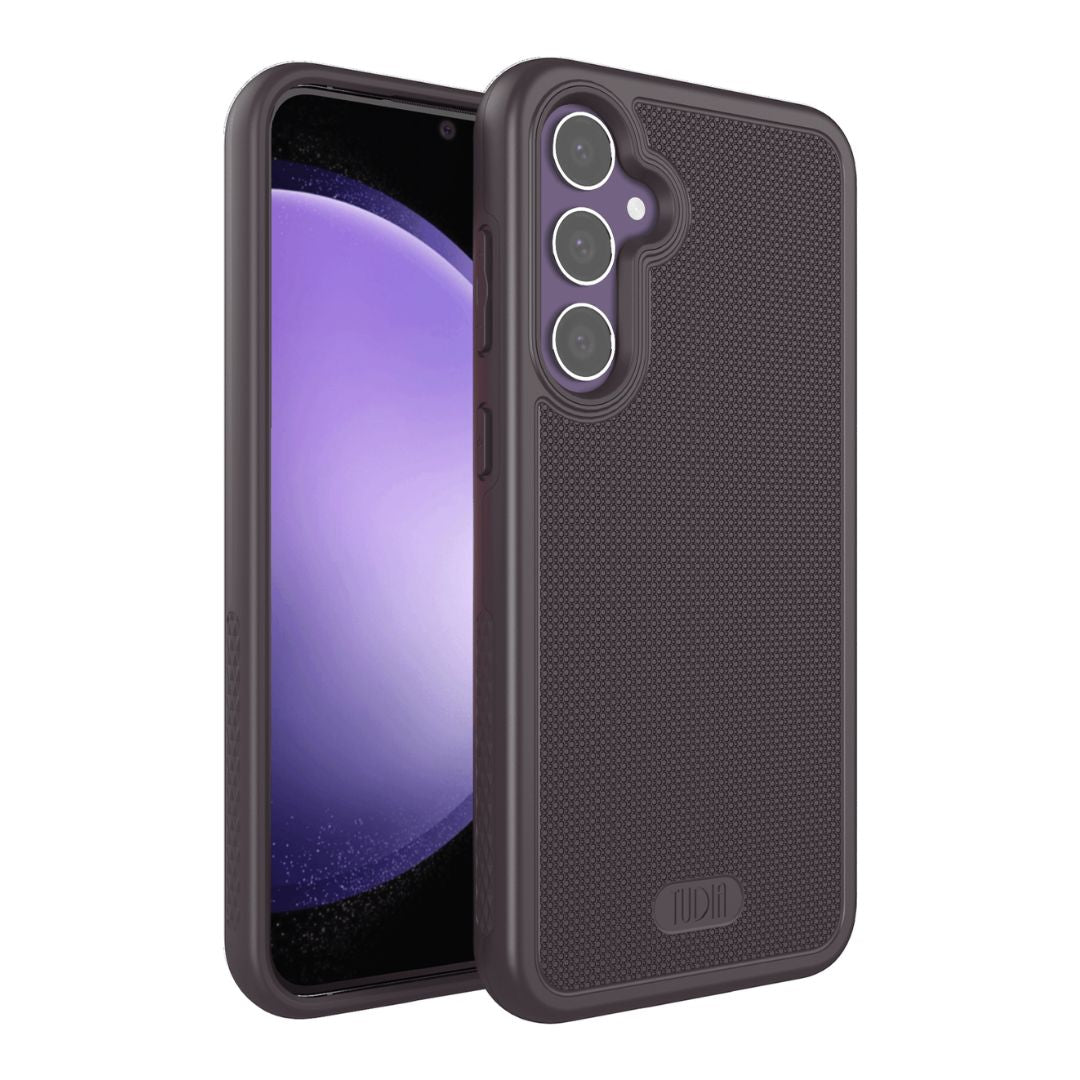 Samsung Galaxy S23 FE phone case in dark purple with built-in magnet, MergeGrip shockproof protective cover