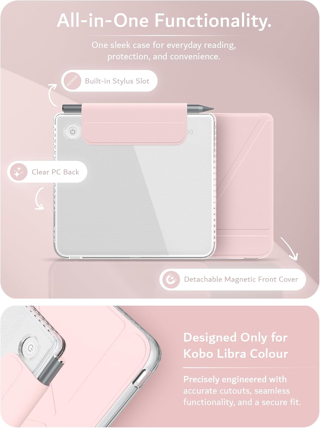 Kobo Libra Colour (2024) Case M-FLIP V2 Detachable Clear Magnetic Fold Cover with/Without Stylus