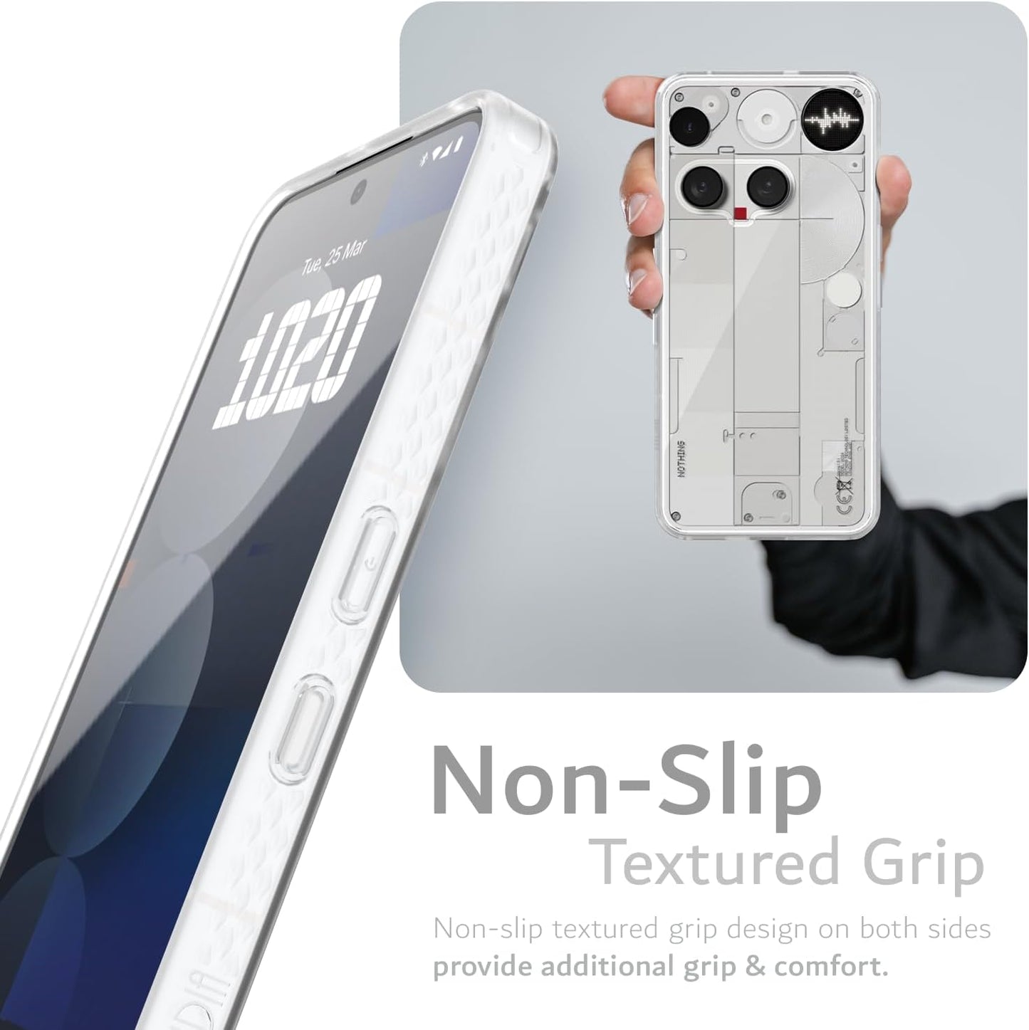 Experience superior handling with the Lucion case for Nothing Phone 3, featuring a non-slip textured design on both sides for added grip and comfort.