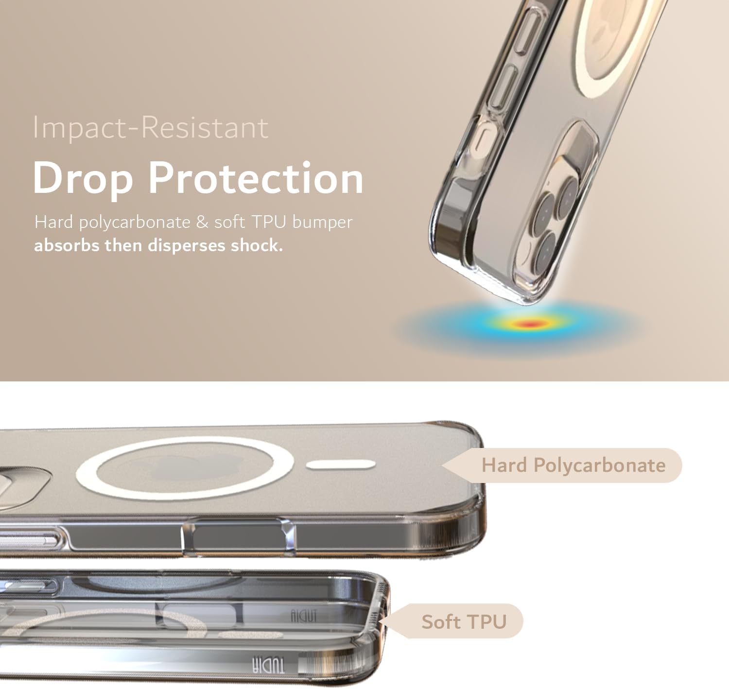 ual-layer design combines a hard polycarbonate shell with a soft TPU bumper to absorb and disperse impact, protecting your device from drops.