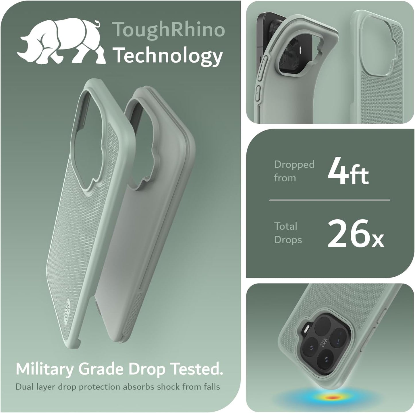Phone case for Xiaomi 15t pro with Tough Rhino Technology branding, showing drop test details and design features.