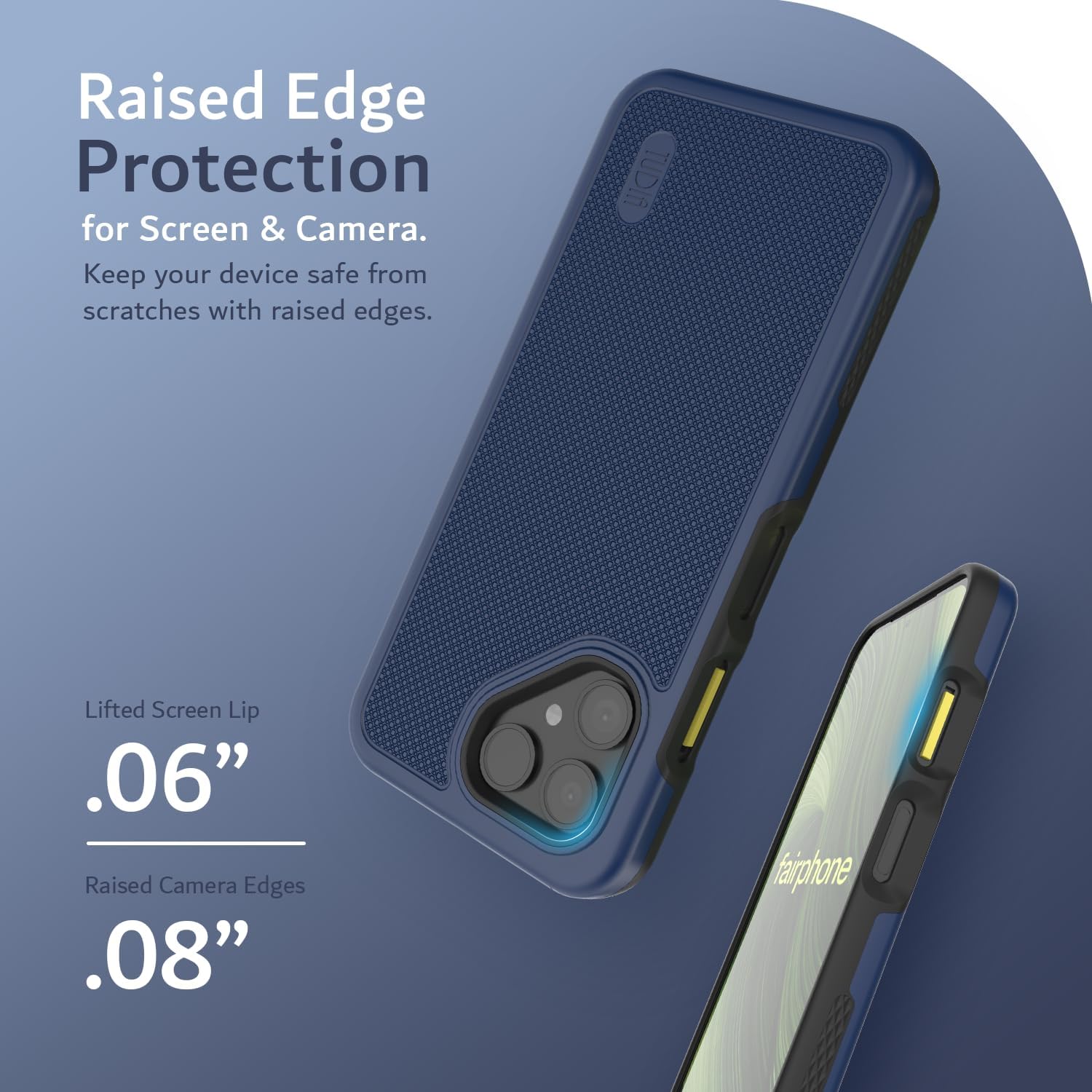 Lifted edges safeguard your Fairphone 6’s screen and camera, keeping your device safe from everyday scratches.