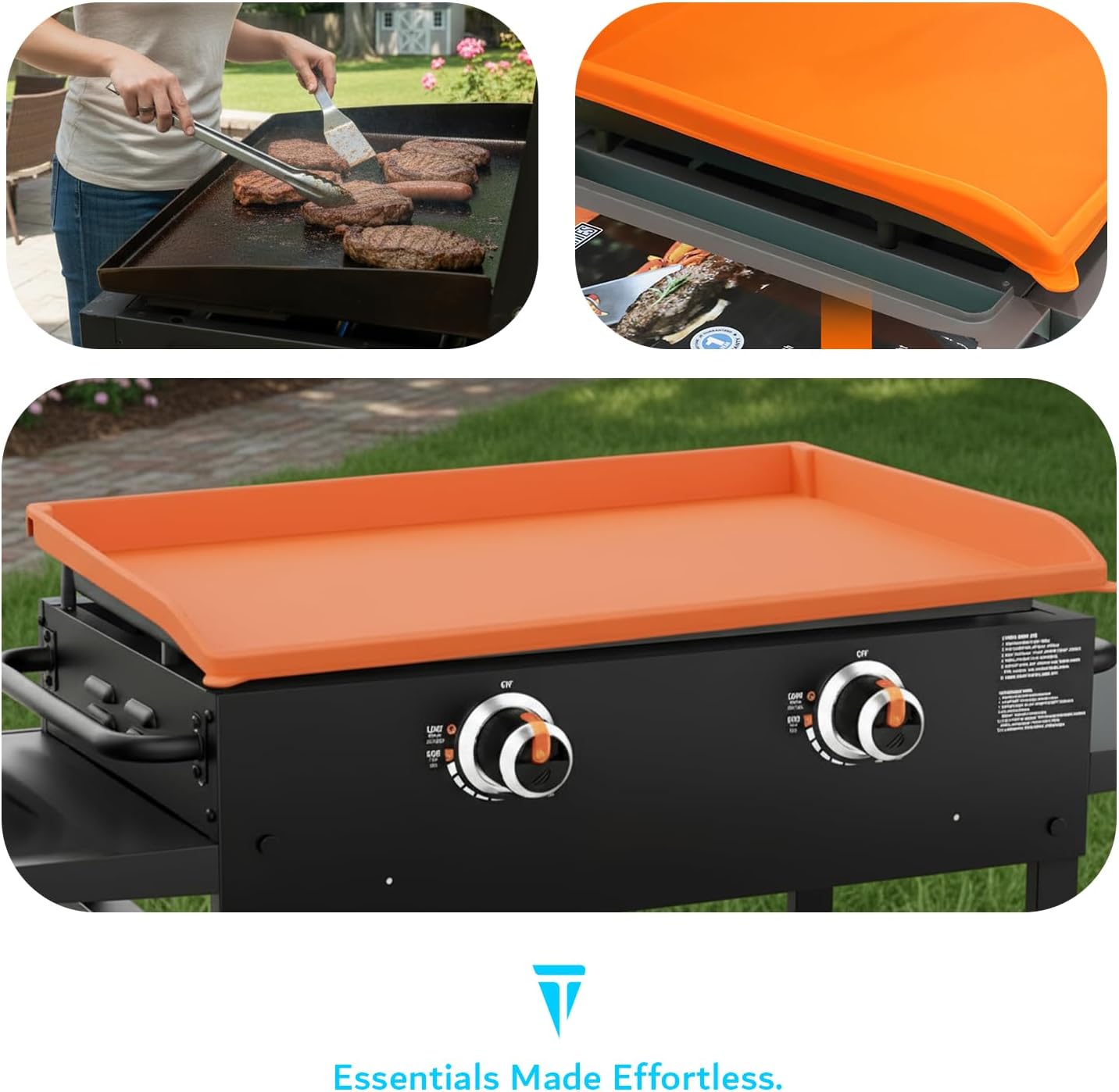 Take your cooking outdoors with this portable grill, featuring a bright orange top and easy-to-use control knobs.