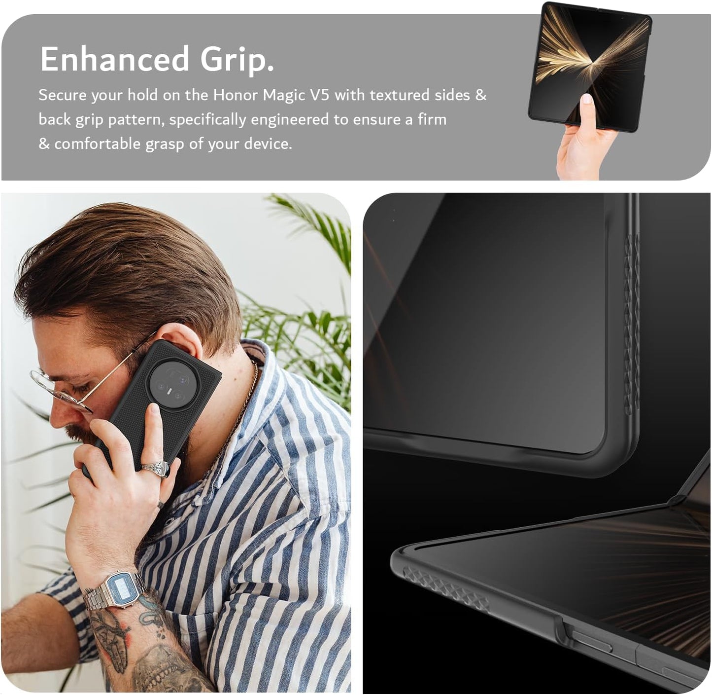 Secure your grip on the Honor Magic V5 with textured sides and a patterned back, specially engineered for a firm and comfortable hold.