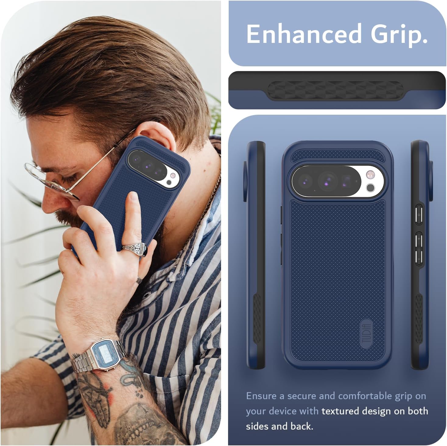 Enjoy a firm and comfortable grip on your Google Pixel 10 / Pixel 10 Pro 2025 with textured design on both sides and the back.