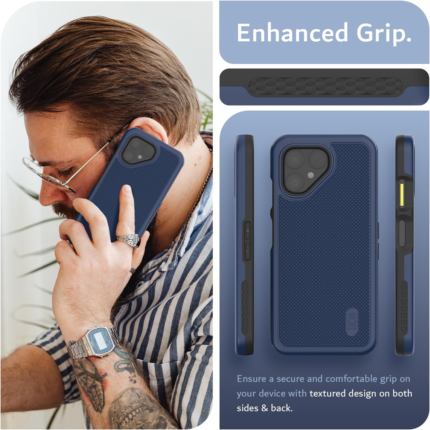 Experience a firm and comfortable hold on your Fairphone 6 with enhanced grip and textured surfaces on both sides and the back.