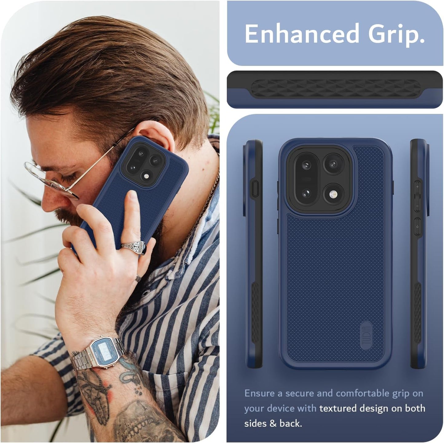Secure and comfortable  grip on your device with textured design on both sides & back