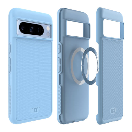 Google Pixel 8 Pro phone case in bay blue color featuring MagSafe compatibility with built-in magnet for secure attachment – MergeGrip slim protective cover