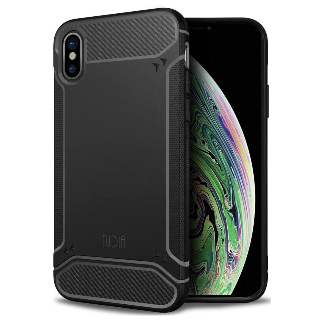 Black TUDIA TAMM carbon fiber grip case for Apple iPhone X and XS – slim, shockproof protective phone cover with textured anti-slip design