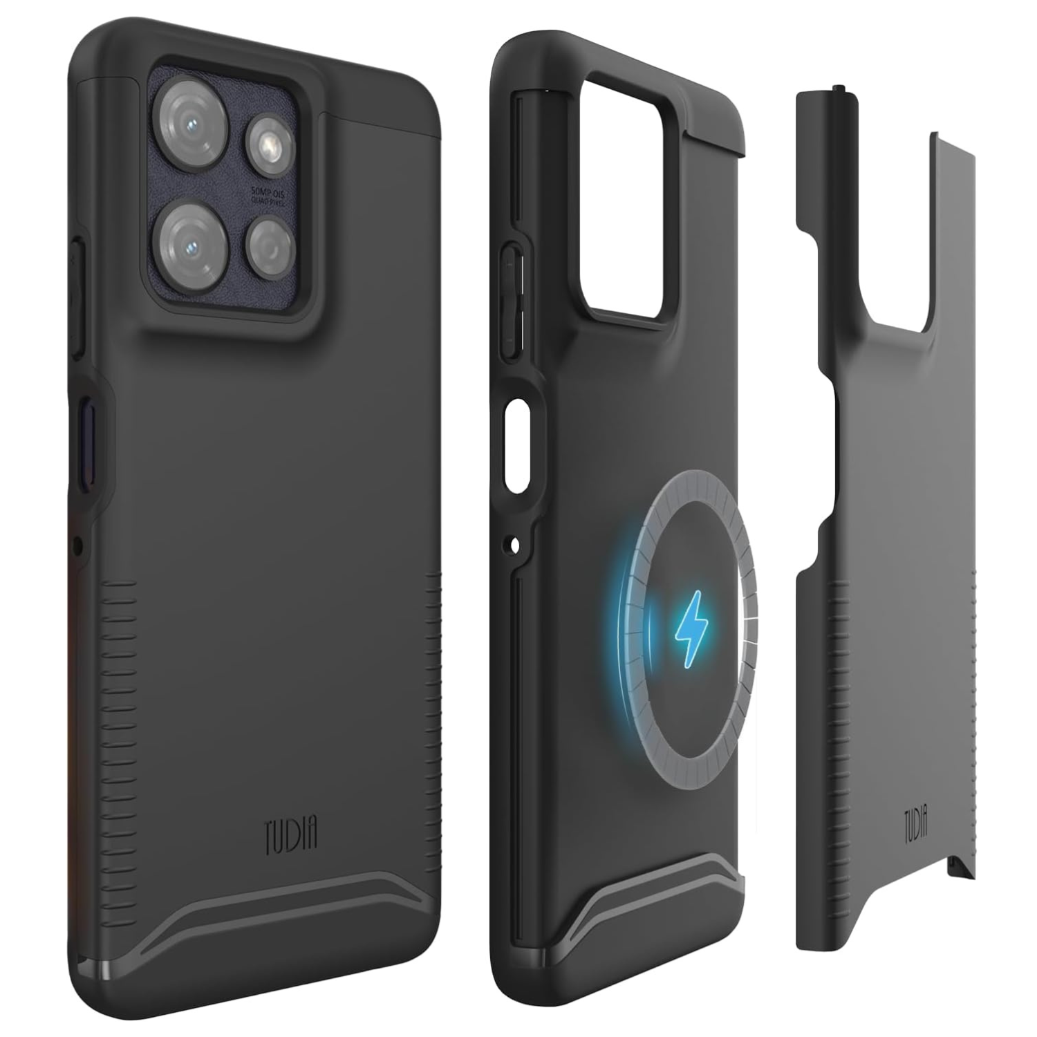 Jet Black TUDIA MERGE MagSafe heavy duty dual-layer case for Moto G Power 5G 2025, rugged shockproof protective phone cover with secure MagSafe magnetic attachment, reinforced corners, and enhanced drop protection