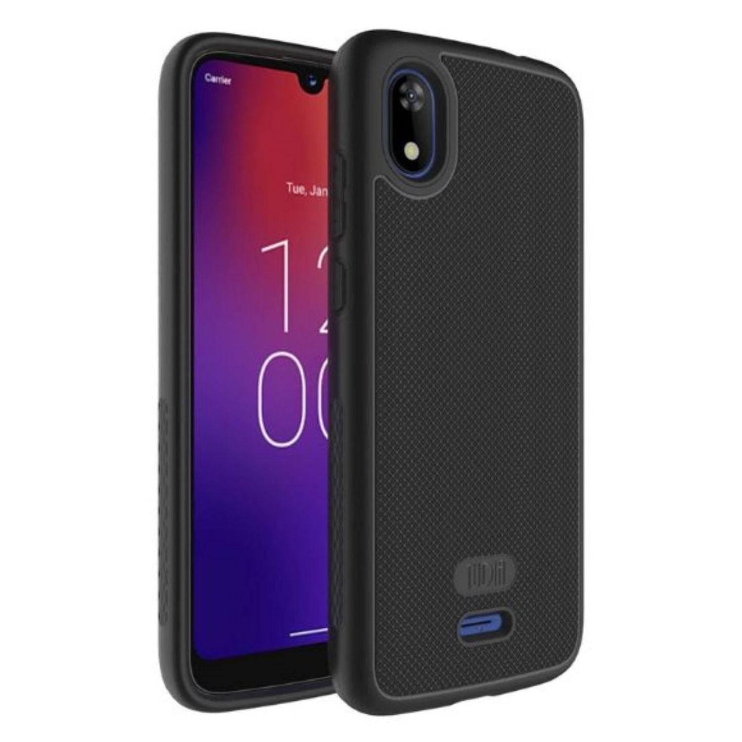 Jet Black MergeGrip Heavy Duty DualShield case for Moxee M2160 / MH-T6000 featuring dual-layer protection, textured non-slip grip, raised edges for camera and screen safety, and shockproof corner design