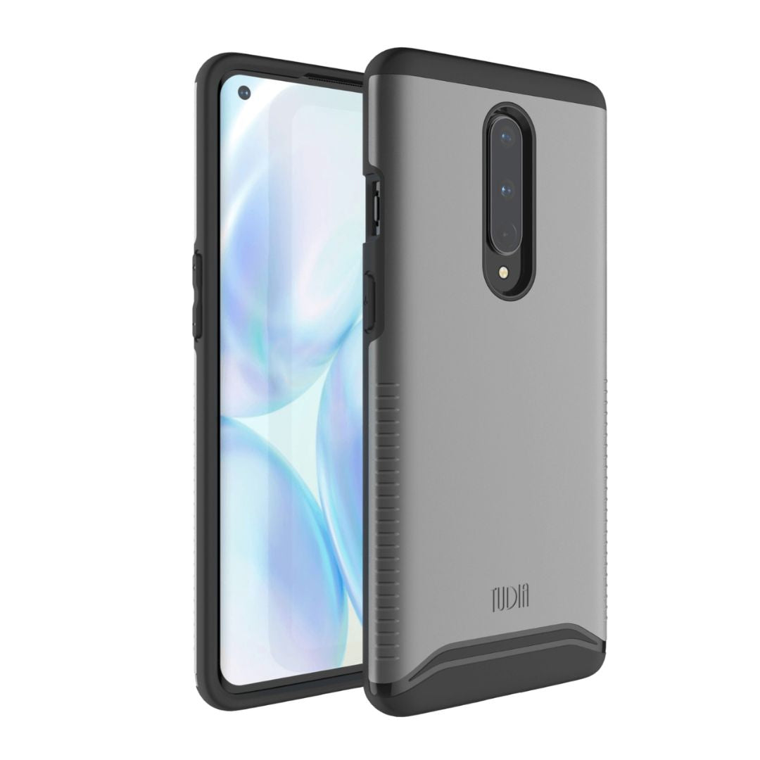 OnePlus 8 5G UW heavy duty dual layer protective phone case in metallic slate color, MERGE series designed for Verizon with shockproof and rugged protection