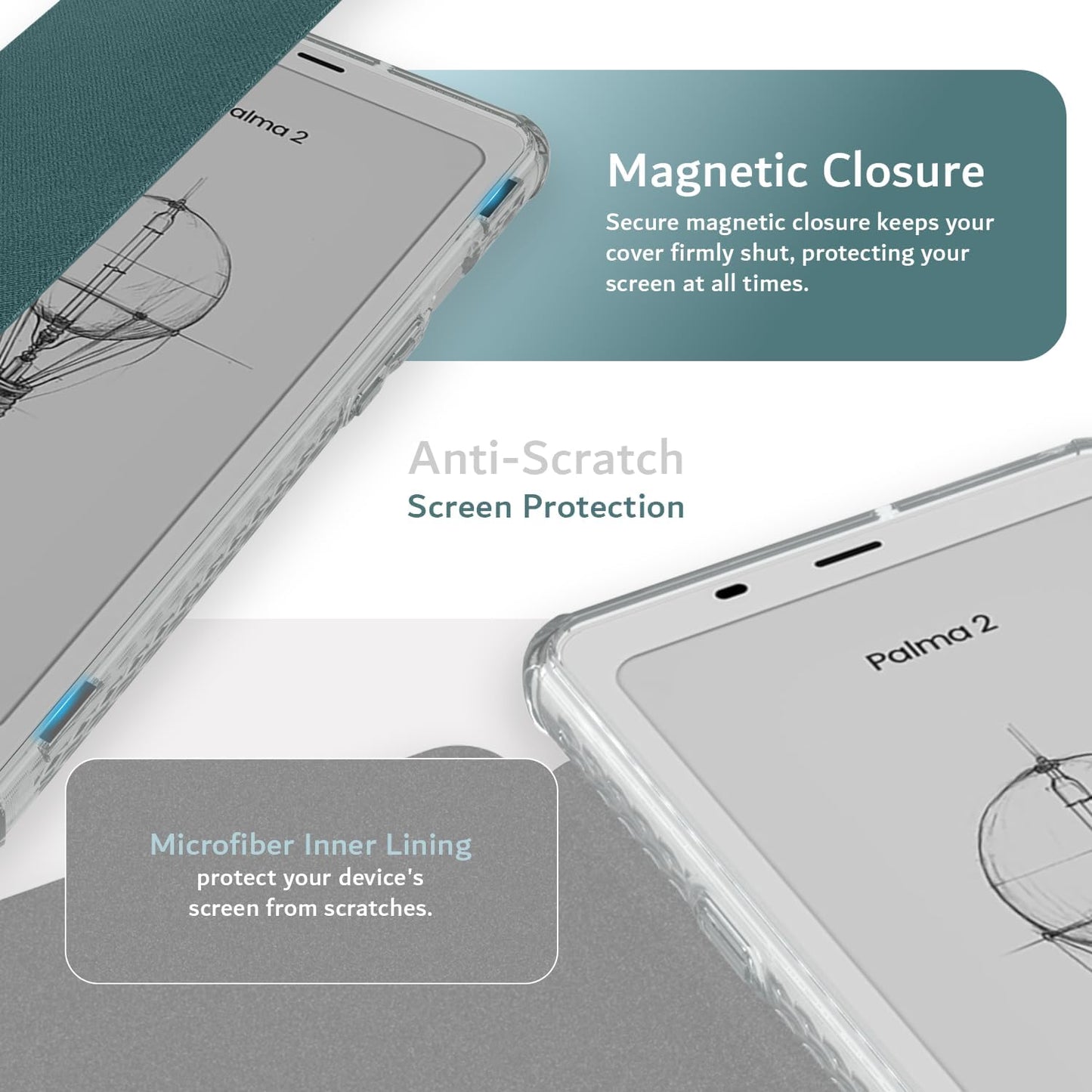 Keep your Onyx Boox Palma 2 safe and scratch-free with a secure magnetic closure that holds the cover shut, plus a soft microfiber inner lining that protects the screen.