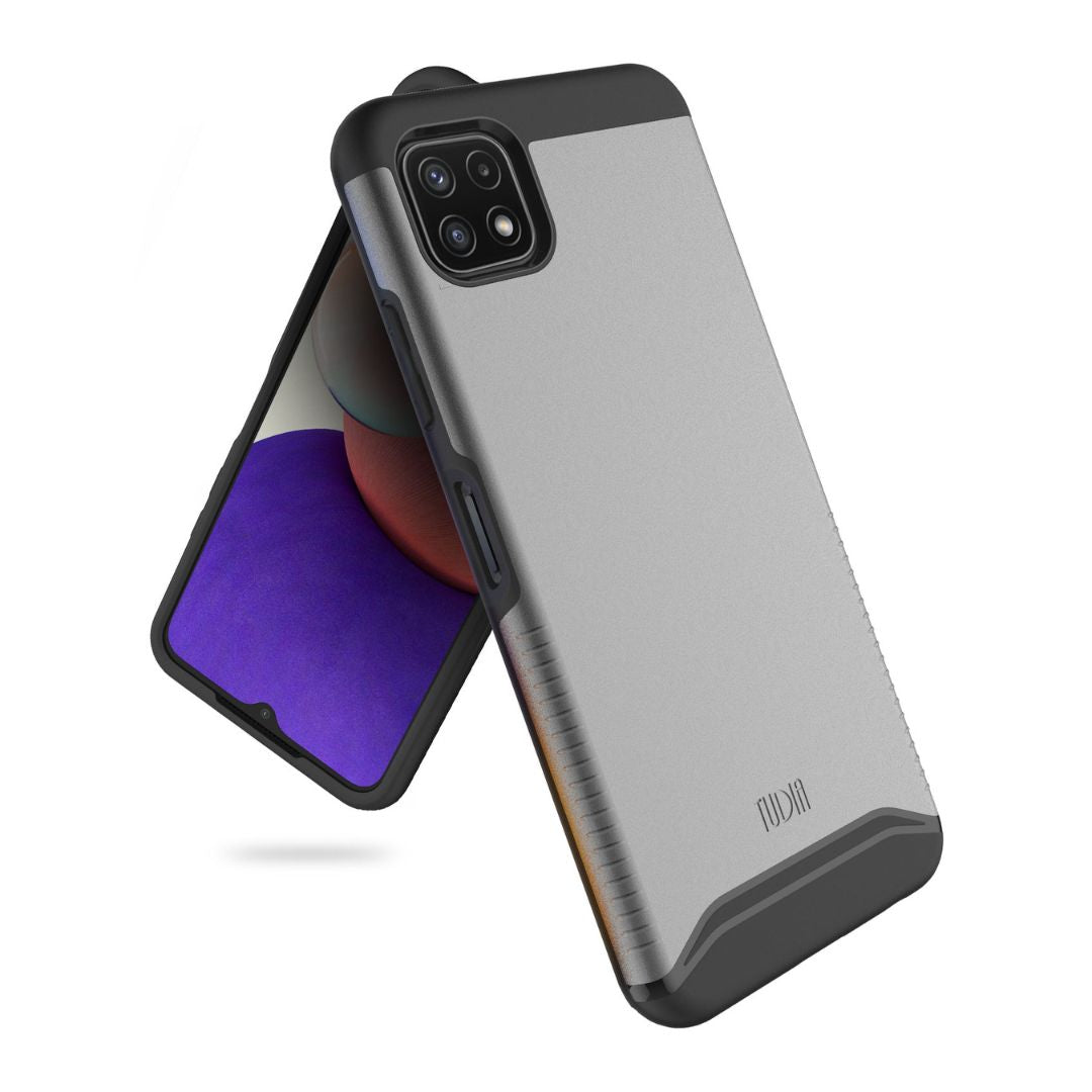 Samsung Galaxy A22 5G (2021) phone case in metallic slate color, heavy duty dual layer protection with shock-absorbing design