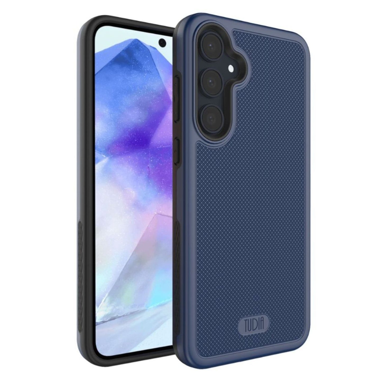 Indigo Blue Samsung Galaxy A55 5G Case MergeGrip heavy-duty protective cover with dual-layer shockproof design, textured anti-slip grip, precise cutouts, and raised edges for enhanced camera and screen protection