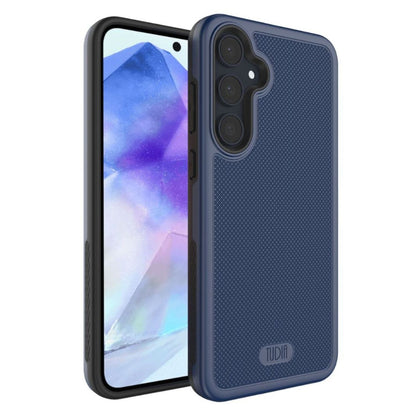 Indigo Blue Samsung Galaxy A55 5G Case MergeGrip heavy-duty protective cover with dual-layer shockproof design, textured anti-slip grip, precise cutouts, and raised edges for enhanced camera and screen protection