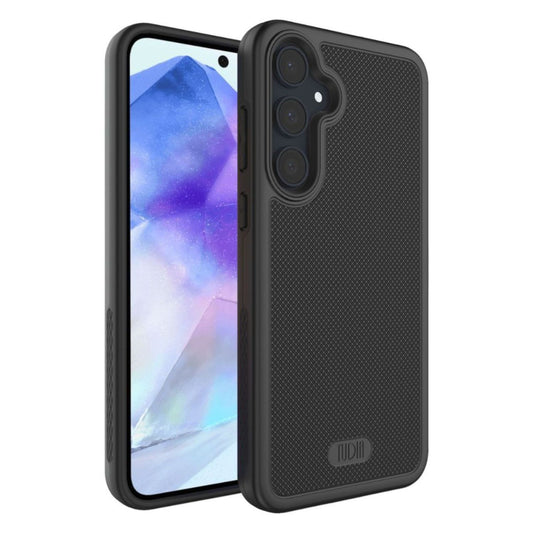 Jet Black Samsung Galaxy A55 5G Case MergeGrip heavy-duty protective cover with dual-layer shockproof design, textured non-slip grip, precise cutouts, and raised edges for camera and screen protection