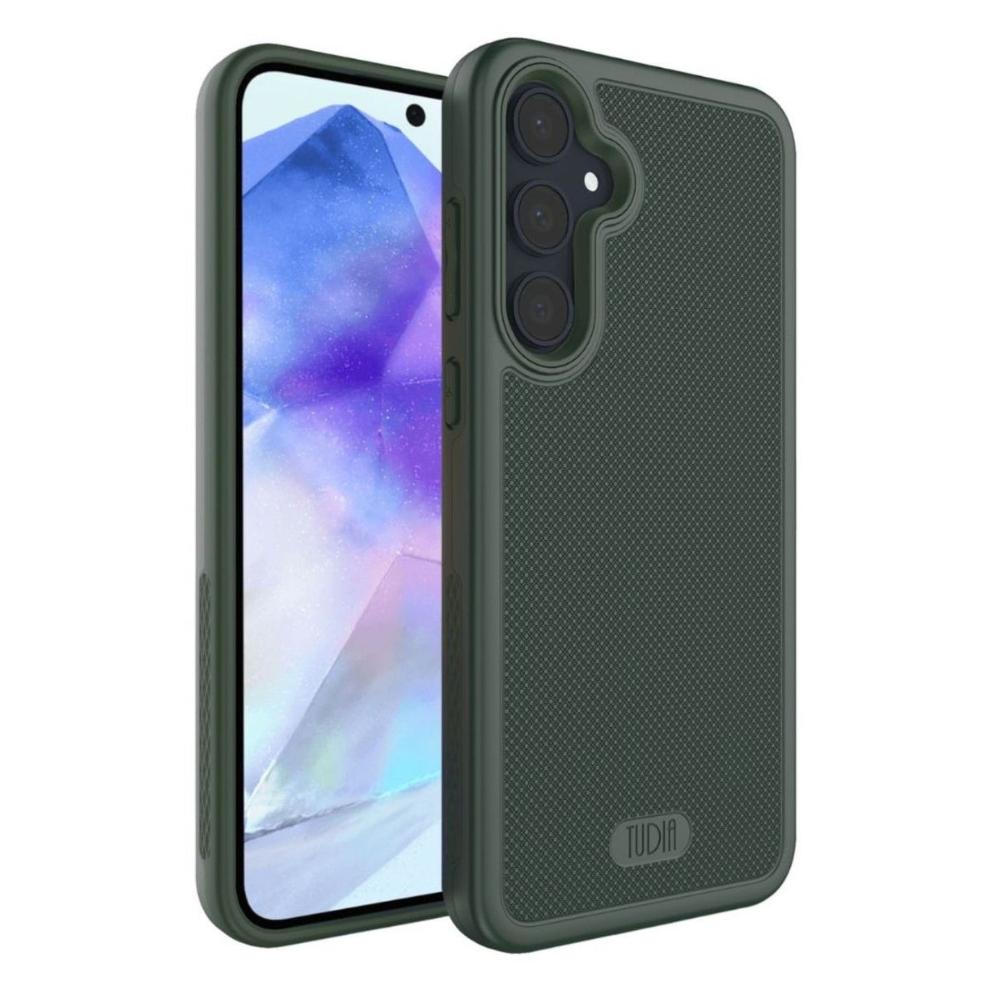 Pine Green Samsung Galaxy A55 5G Case MergeGrip heavy-duty protective cover featuring dual-layer shockproof protection, non-slip textured grip, precise cutouts, and raised edges for camera and screen defense