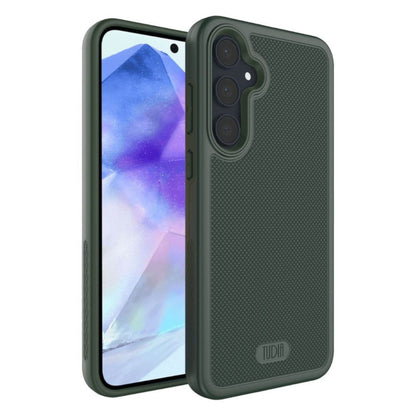 Pine Green Samsung Galaxy A55 5G Case MergeGrip heavy-duty protective cover featuring dual-layer shockproof protection, non-slip textured grip, precise cutouts, and raised edges for camera and screen defense