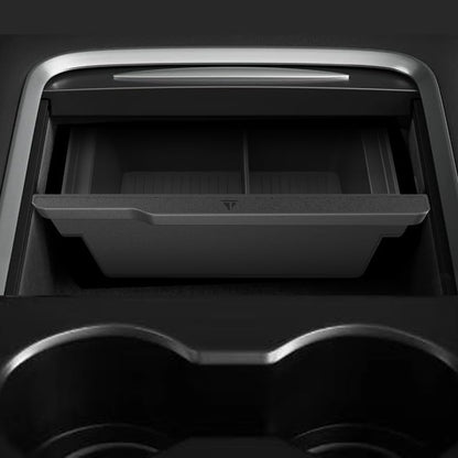 Center Console Organizer Tray for Tesla Model Y (2025), featuring a smooth slide design and silicone interior for enhanced storage and organization - TUDIA Products