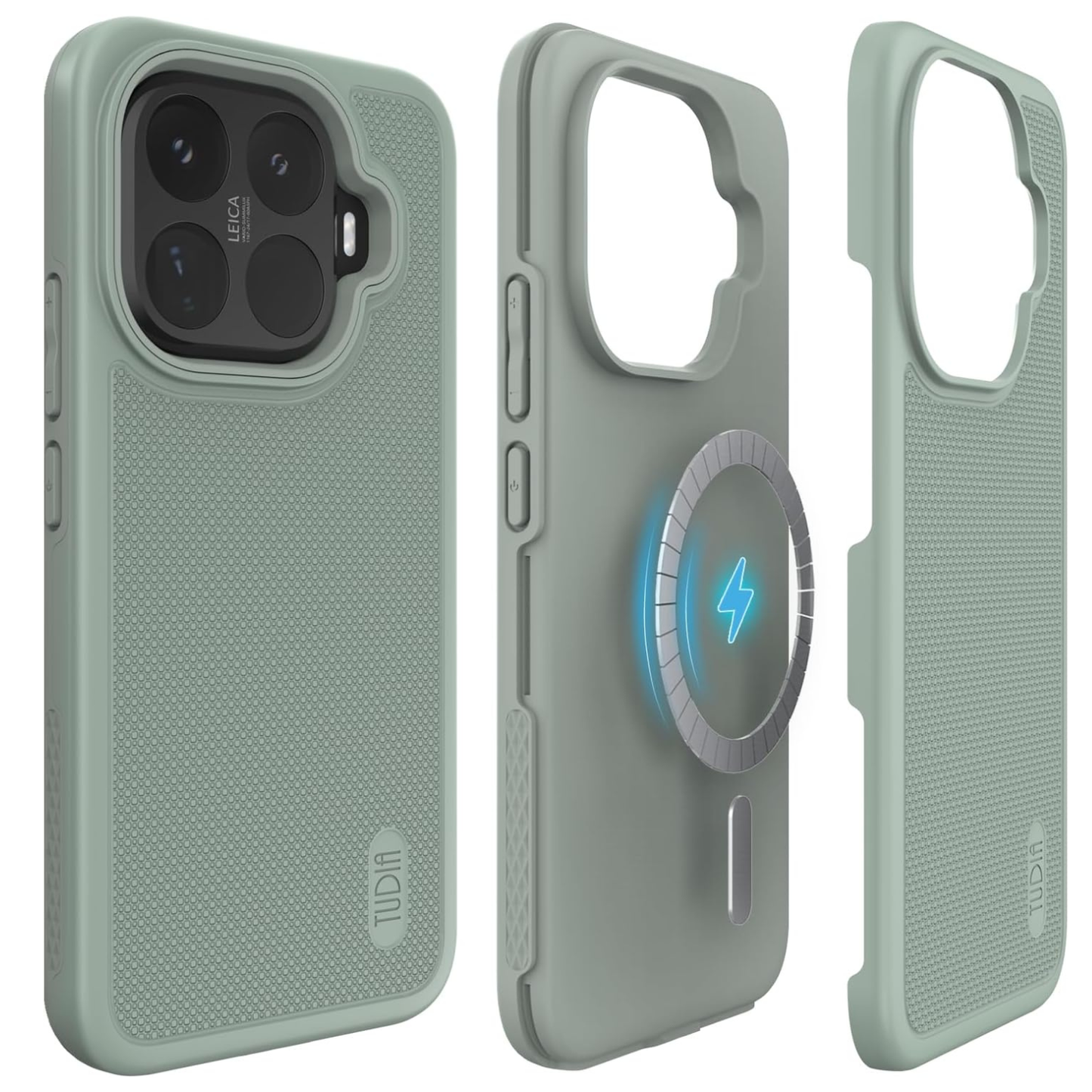 Xiaomi 15T pro green lily Phone case with Tough Rhino Technology branding, showing drop test details and design features.