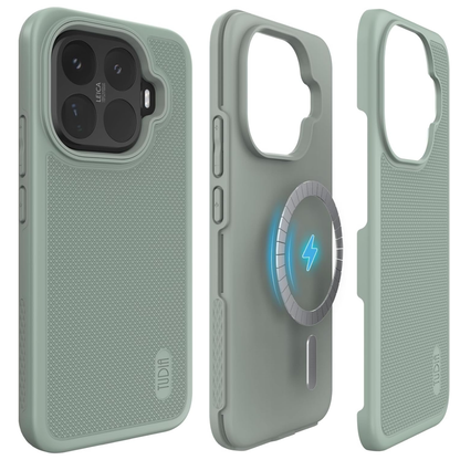 Xiaomi 15T pro green lily Phone case with Tough Rhino Technology branding, showing drop test details and design features.