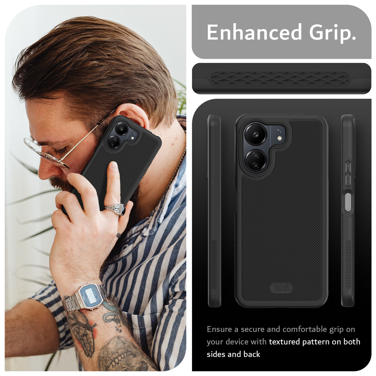 Heavy duty shockproof MergeGrip case for Xiaomi Redmi 13C and Poco C65 4G – slim, durable phone cover with enhanced non‑slip grip and raised edge protection